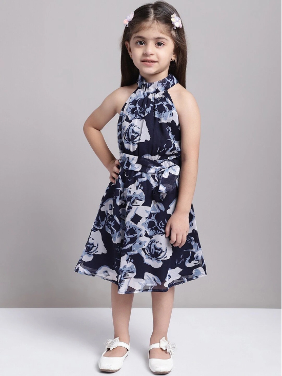 MINI & MING Girls Floral Print High Neck Georgette Fit & Flare Dress