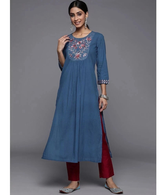 Varanga Cotton Embroidered Straight Womens Kurti - Blue ( Pack of 1 ) - None