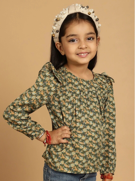 MINI & MING Girls Floral Printed Round Neck Puff Sleeves Pleated Blouson Top