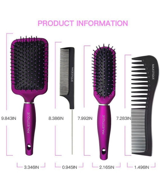 Majestique 4Pcs Hair Brush Set Paddle, Styling, Tail Comb & Wide Tooth Comb For Women & Men