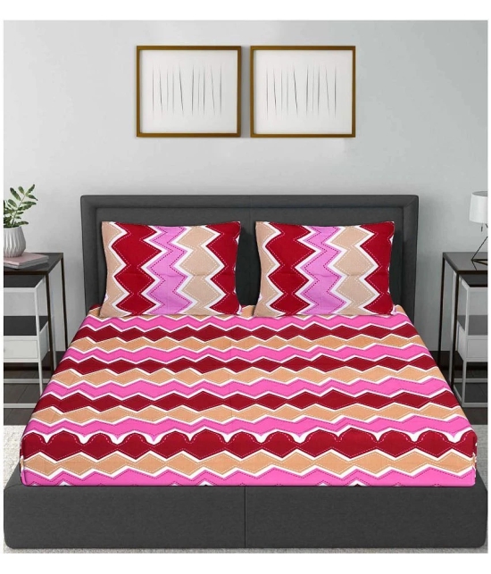 Frionkandy Cotton Vertical Striped Printed Queen Bedsheet with 2 Pillow Covers - Pink - Pink