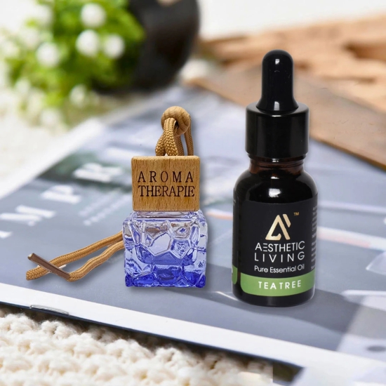 Aesthetic Living Car Aromatizer Diffuser Bottle with Essential Oil (Square Colored Transparent Combo- 8 ml + Tea Tree Essential Oil, 15 ml)