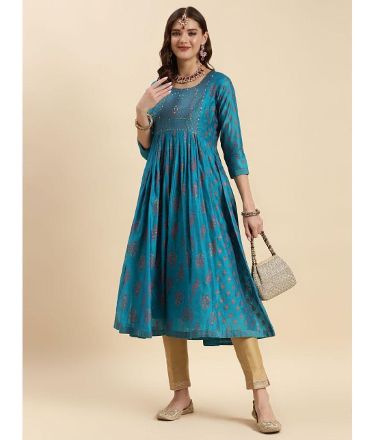 Rangita Women Turquoise Chanderi Embroidered Calf Length Anarkali Kurti - None