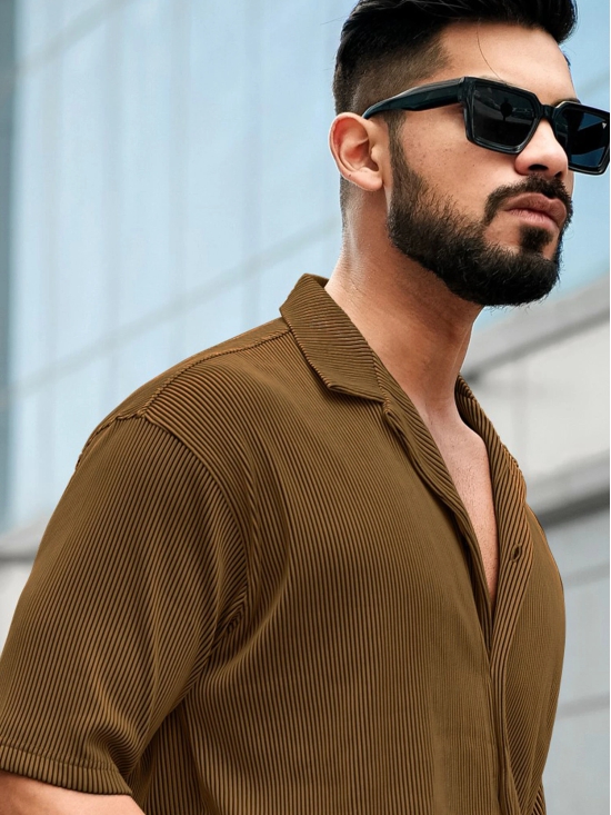 Stripe Textured Brown Half Sleeve Shirt-L / Brown