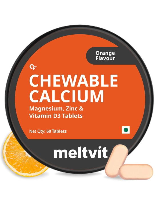 Meltvit Chewable Calcium Tablets 1000mg with Vitamin D3, Magnesium & Zinc Tablets | Water Soluble Calcium Citrate Malate 1000mg with Stabilised D3 - 60 Veg Tablets-Orange