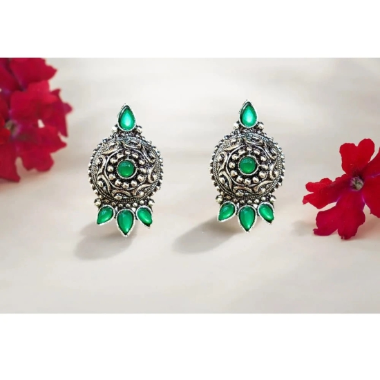 Oxidized German Silver Antique Look Afghani Chandbali Earrings With Green Stones