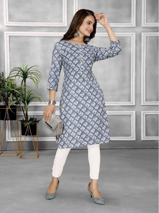 Rangita Women Cotton Blue Printed Knee Length Straight Kurti - None