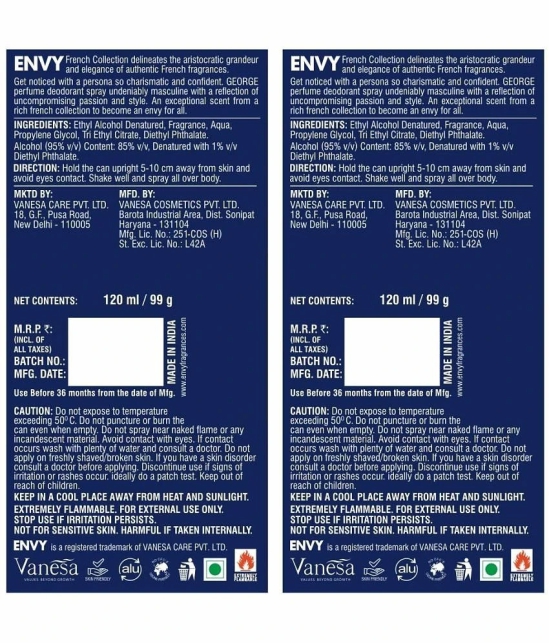 Envy George Deodorant Spray for Men 120ml Each (Pack of 2)