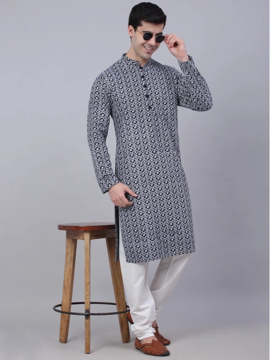 Mens Navy Blue & White embroidered Straight Kurta Pyjama Set-XXL / Navy-Blue