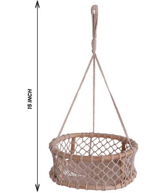 NUEVOSGHAR ROUND WOODEN BASKET MACRAME HANGING PLANTER Door Hanging Beige - Pack of 1