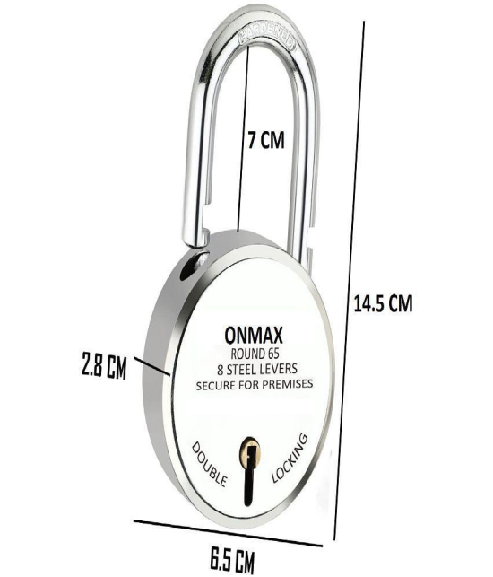 Onmax New Round 65mm Lock | Long Shackle Padlock | Metal Body | Double Locking | 8 Steel Levers | Silver Finish | Home Improvement | Made in India |(SRDL65)Pack of 3 Pcs