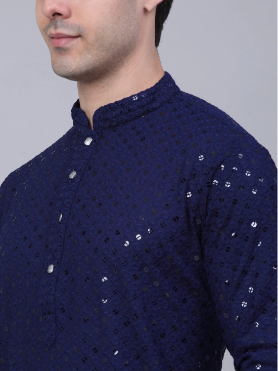 Men Navy Blue Chikankari Embroidered and Sequence Kurta with Churidar-S / Navy-Blue