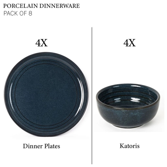 Handcrafted Chip Resistance Porcelain Dinner Set, 8 Pieces Serving for 4, Microwave and Dishwasher Safe, Bone-ash Free, Crockery Set for Dining and Gifting, Sapphire Blue