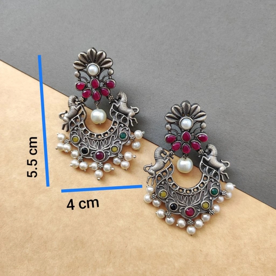 Beautiful silver look alike oxidised chandbali earrings for women wedding outfit temple earrings ethnic wear