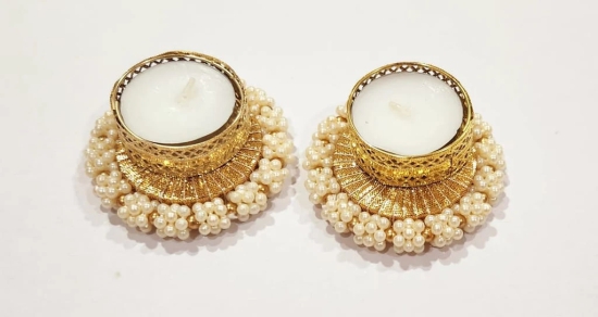 Elegant Pearl and Gold Tealight Candle Holder Set