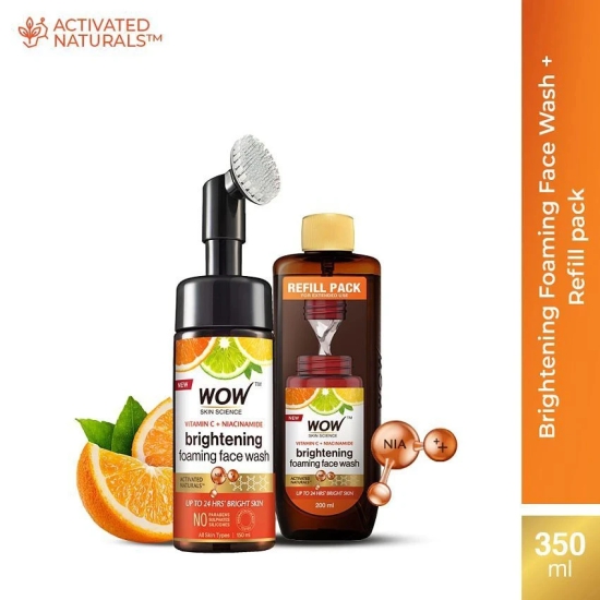 WOW Skin Science Vitamin C Foaming Face Wash Save Earth Combo Pack- Consist of Foaming Face Wash with Built-In Brush & Refill Pack - No Parabens, Sulphate, Silicones & Color - Net Vol. 350mL