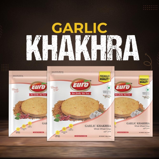 Euro Garlic Khakhra 180Gm Pack of 4|Roasted Not Fried | Cholesterol Free | Zero Transfat |Vacuum-Sealed for Freshness | Authentic Gujarati Snack, Ideal for Tea Time | Healthy Khakhra Options| Healthy Snacking