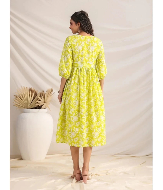 Janasya Cotton Printed Midi Womens A-line Dress - Lime Green ( Pack of 1 ) - None