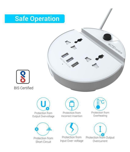 Portronics Power BUN, a Surge Protector with 2 AC Outlets and 3 USB Charging Ports Plus a Phone Docking Station, 1.5 Meter Power Cord, LED Indicator, White