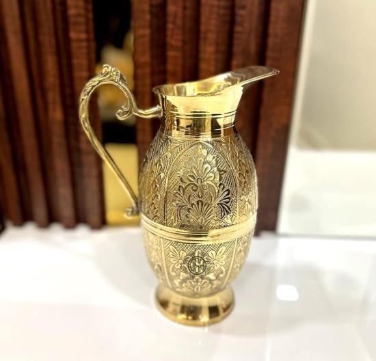 Pure Brass Water jug Mughlai Design Embossed Finish (1300 ml) Pitcher for Serving Drinking Water Home Decor Gift Item.(JUG-14-KING-EMBOS)