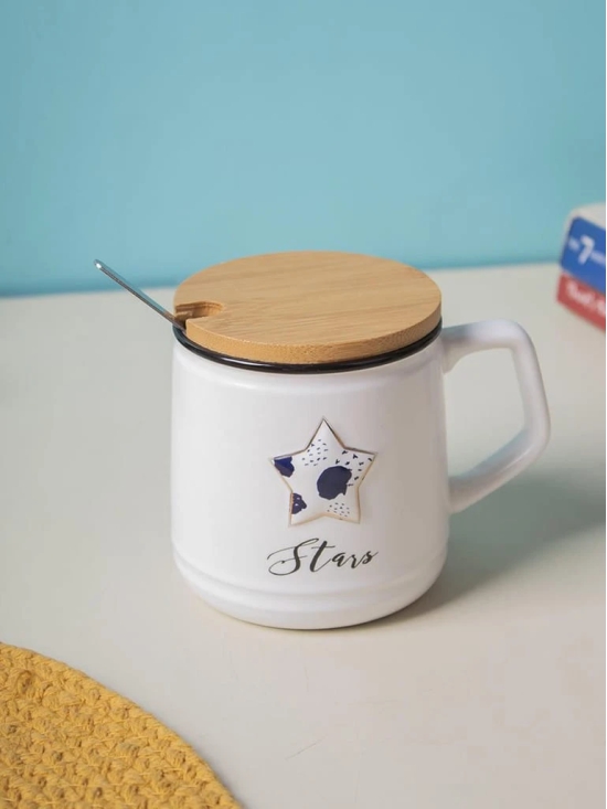 Star Ceramic Coffee Mug With Lid - 350 ml, Stirring Spoon