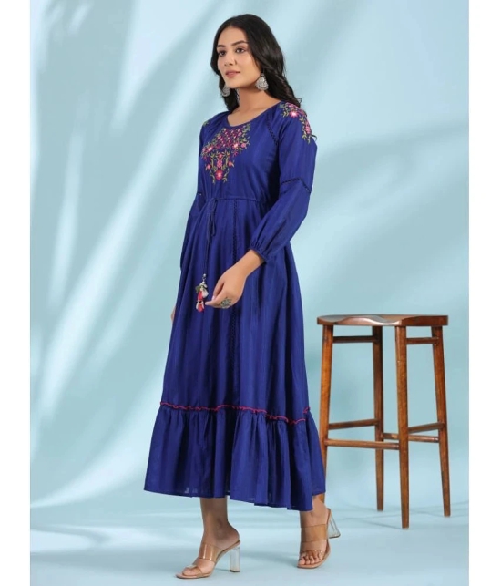 Juniper Cotton Embroidered Midi Womens Fit & Flare Dress - Indigo ( Pack of 1 ) - None