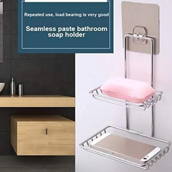 Soap Dish Holder-Wall Mounted Double Layered  Stainless Steel Soaps Storage Rack with Hook