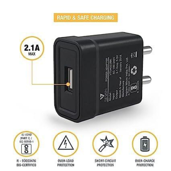 Tizum V7 5V 2.1A USB Wall Charger Adapter Fast Charging for Android and iOS Devices (Black)