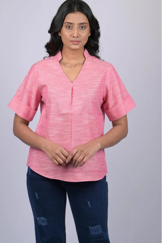 Pink  Colour V-Neck Top With Collar (OTL-TPS1045)-Pink / XXL