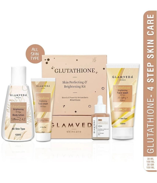 Glamveda Glutathione Skin Perfecting Brightening & Dark Spots Removal 4 Steps Skincare Routine ( Face Wash + Face Cream + Face Serum + Body Lotion )