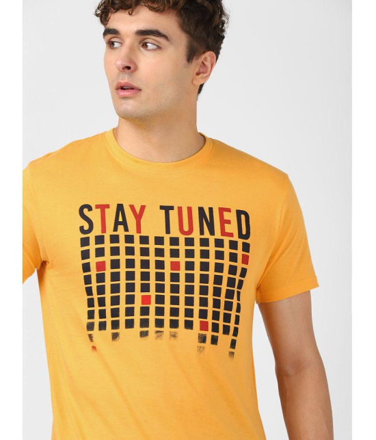 UrbanMark Men 100% Cotton Regular Fit Round Neck Half Sleeves Text Print T Shirt-Mustard - 2XL