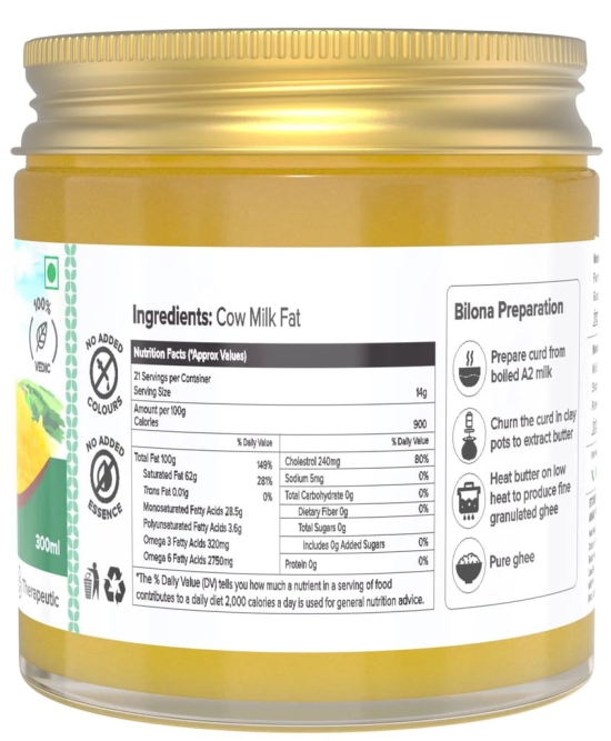 Farm Naturelle A2 Pure Ghee 300ml In Glass Bottle | Extra Engraved Virgin Wooden Spoon | 100% Desi Sahiwal Cow Ghee | Vedic Bilona Method-Curd Churned-Golden | Grainy & Aromatic, Keto Friendly | Non-GMO Grassfed, Premium & Traditional Ghee | Immunity Boos