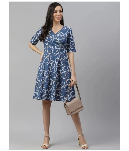 Divena Cotton Blue Fit And Flare Dress - - XL