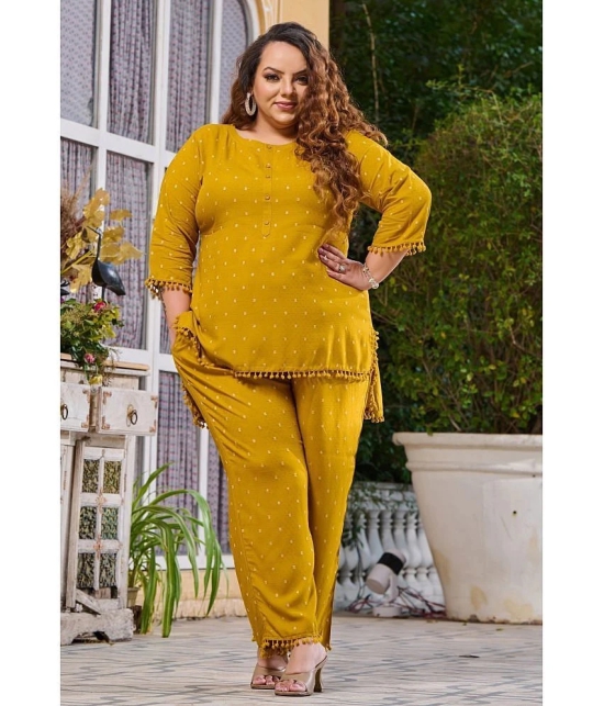 PrettyPlus by Desinoor.com Mustard Self Design Pant Top Set - None