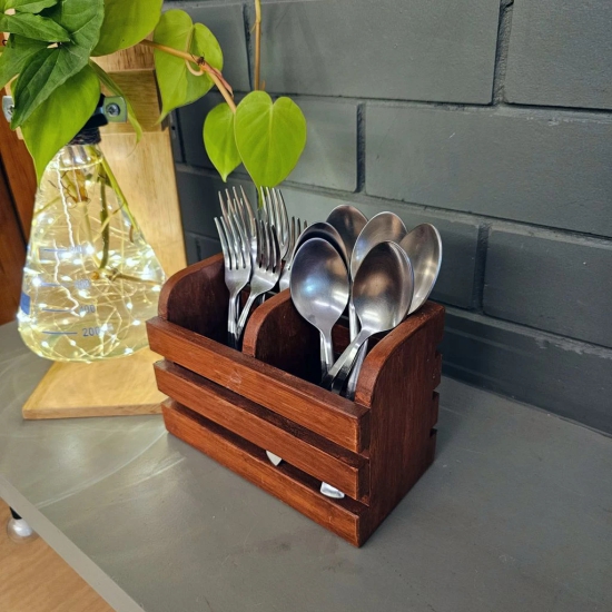 BARISH - Cutlery Holder Small | Spoon Stand for Kitchen | Cutlery Holder for Dining table | Wooden Caddy Storage Organiser Stand with 2 section