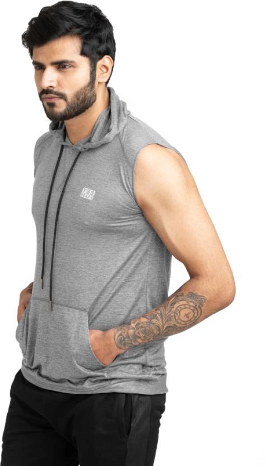 Men Solid Hooded Neck Polyester Grey T-Shirt