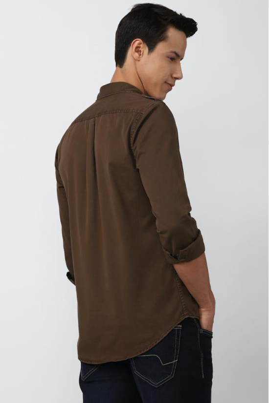 Men Brown Super Slim Fit Solid Full Sleeves Casual Shirt