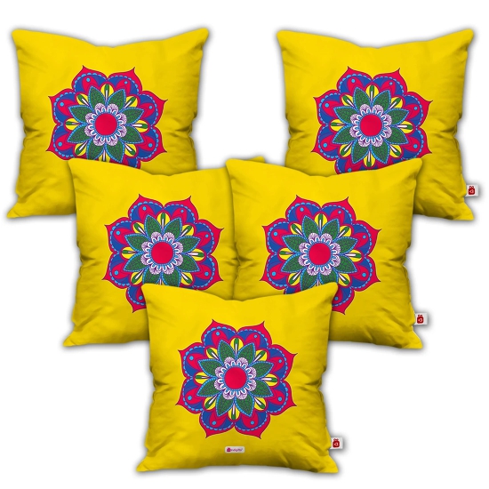 Indigifts Diwali Decoration Items Floral Mandala Print Yellow Cushion Cover 12x12 with Filler Set of 5 - Diwali Gift Items, Dipawali Gift Items, Deepawali Greetings, Deepavali Decoration