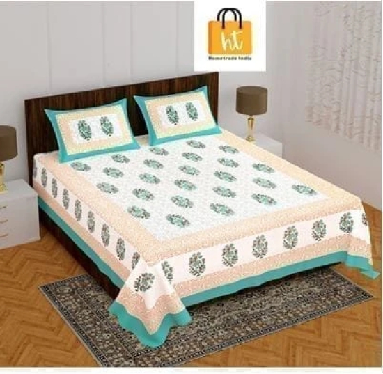 Bedsheet Adda-DB-3XXX-Standard King Size (90*108 Inches)100% Pure Cotton jaipuri printed  Green Floral Print Cotton Double Bedsheet with 2 Matching Pillow Covers-3094