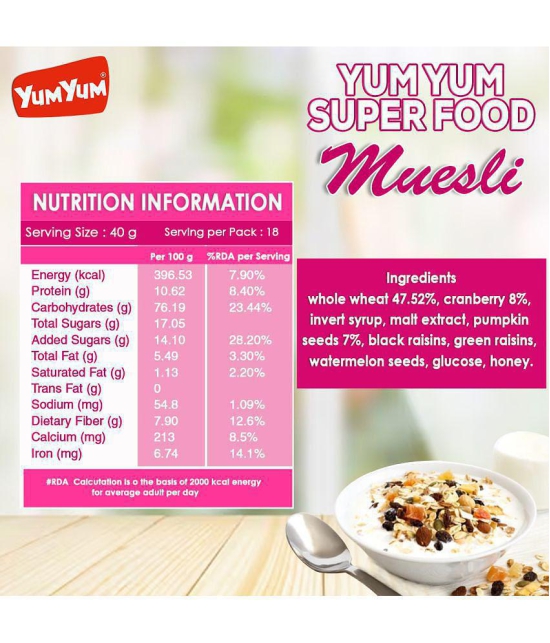 Yum Yum Seeds & Berries Muesli 750g | Whole Grain, Raisins, Cranberries, Watermelon Seeds, Pumpkin Seeds | High Source of Protein | Instant Breakfast Cereal | High in Fiber | Source of Calci