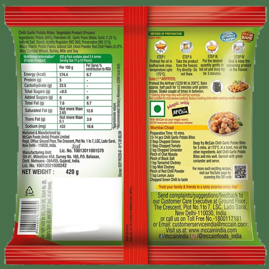 Mccain Potato Bites - Chilli Garlic, 420 G Pouch