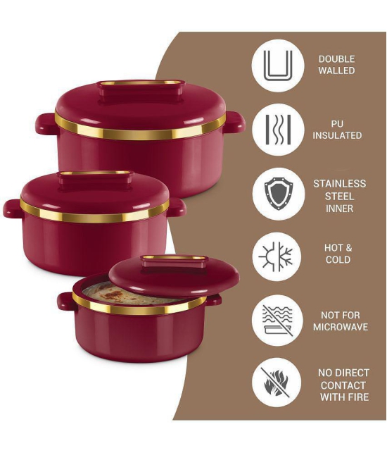 Milton - Maroon Steel Thermoware Casserole ( Set of 3 , 1300 mL ) - Maroon