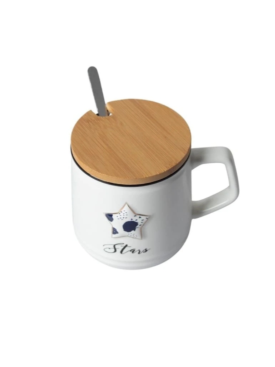 Star Ceramic Coffee Mug With Lid - 350 ml, Stirring Spoon