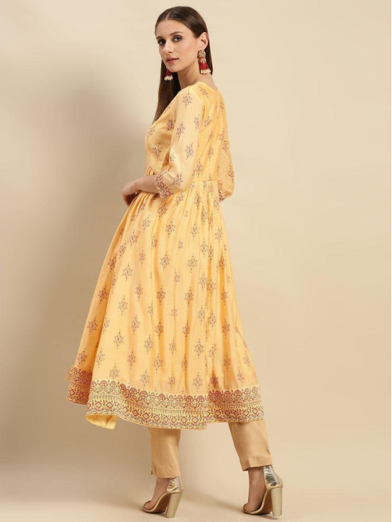 Rangita Women Yellow Yoke Embroidered Ethnic Print Calf Length Flared Kurti - None