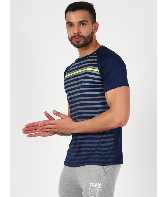 FITMonkey Men Regular Fit Quick Dry Sports Round Neck Half Sleeves Striped T Shirt-Navy - None