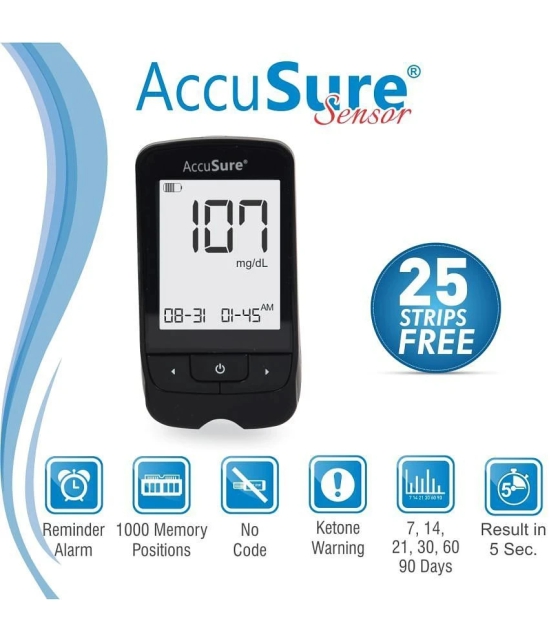 AccuSure Sensor Glucometer Machine with 25 Test Strips & 10 Lancets