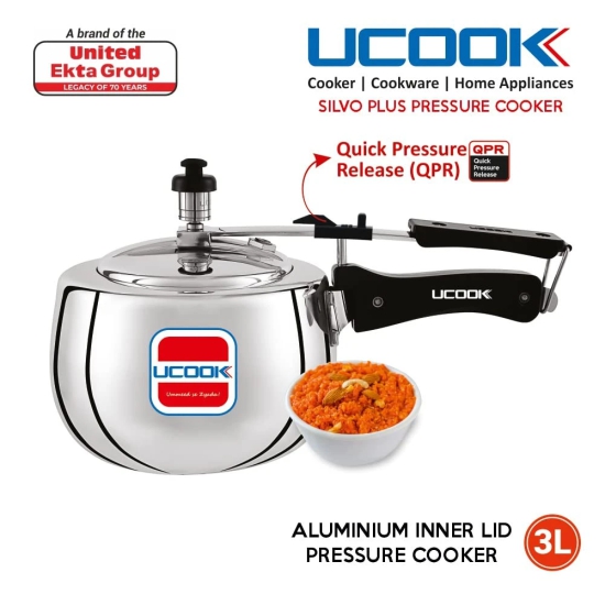 UCOOK By UNITED Ekta Engg. Silvo Plus 3 Litre Induction Base Inner Lid Aluminium Pressure Cooke, Silver