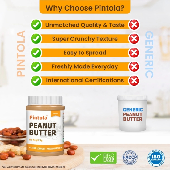 Pintola Classic Crunchy Unsweetened Peanut Butter, 350 Gm