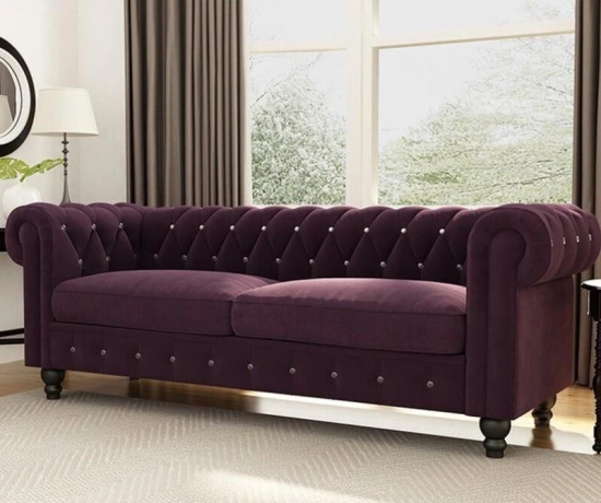 Graceful 3 Seater Velvet Rolled Arm Chesterfield Sofa-Gray