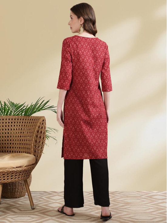 Rangita Women Cotton Red Embroidered Knee Length Straight Kurti - None